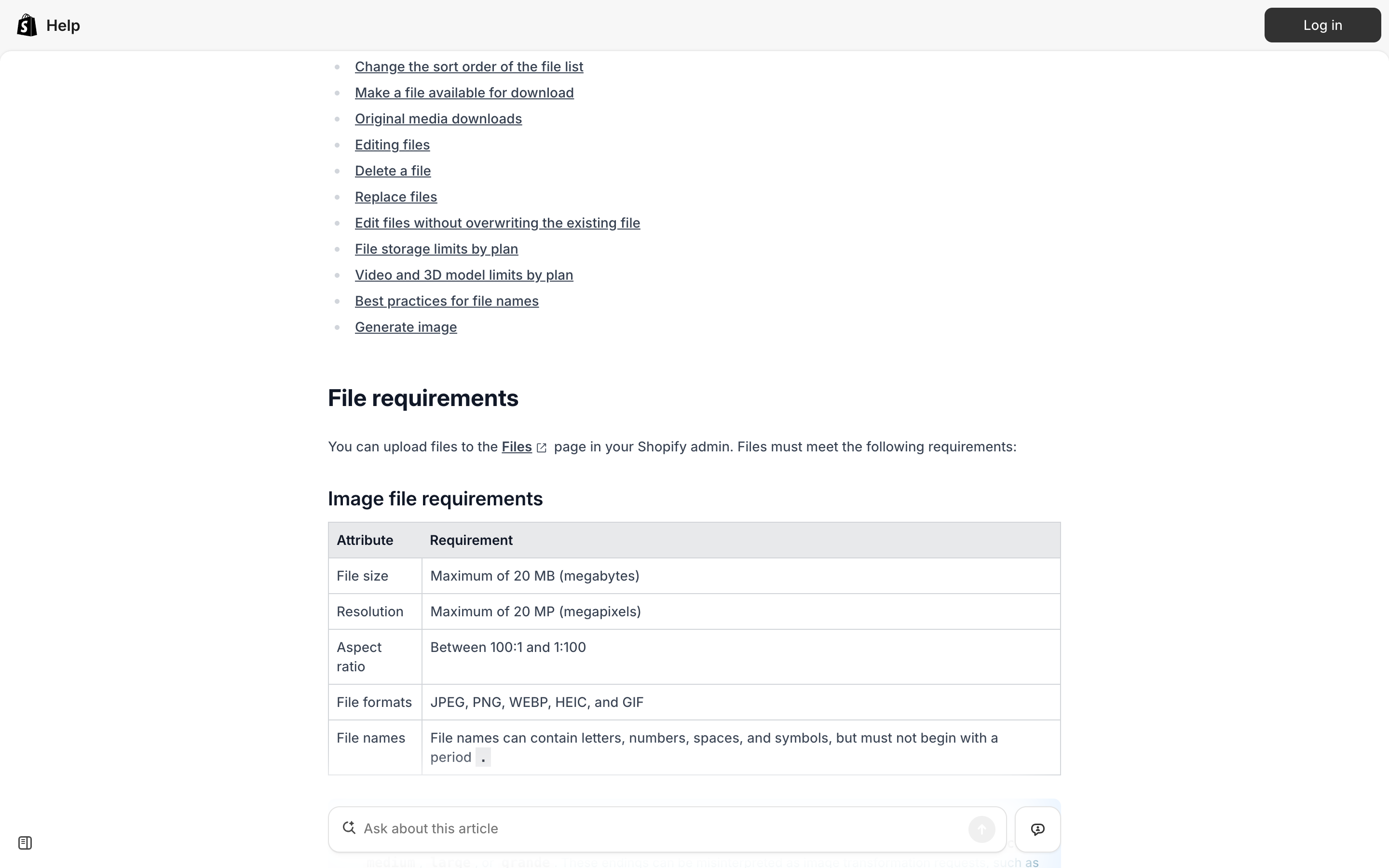 Shopify's image file requirements table showing maximum file size, resolution, aspect ratio and supported formats