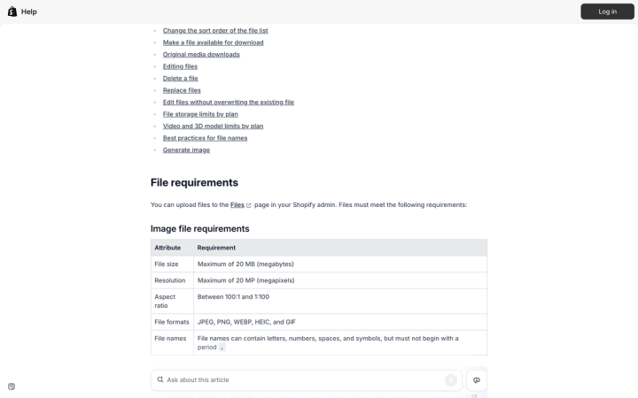 Shopify's image file requirements table showing maximum file size, resolution, aspect ratio and supported formats
