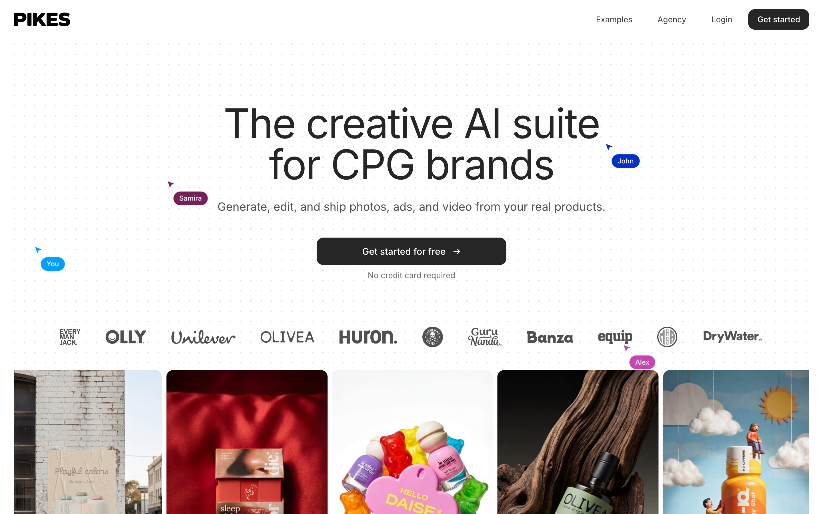 The Pikes AI homepage, reading "The creative AI suite for CPG brands", with a row of consumer brand logos and a grid of product images