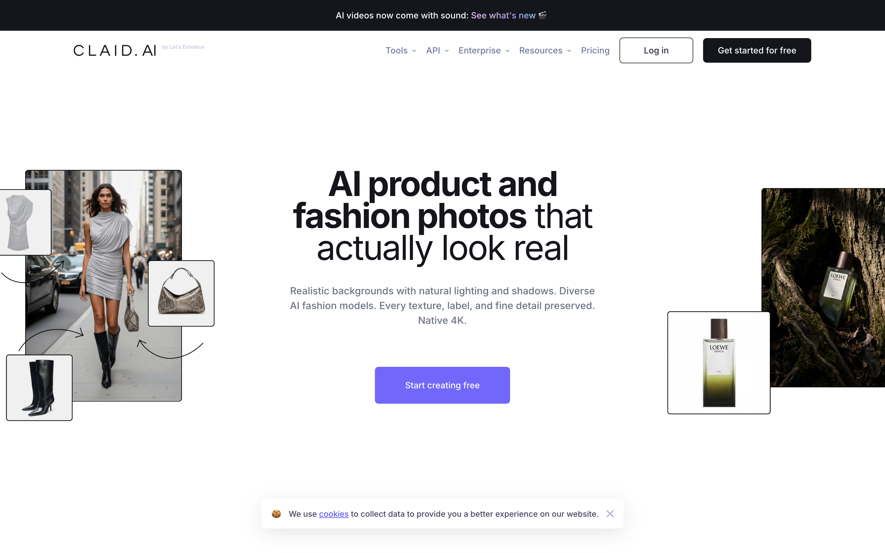 The Claid.ai homepage showing AI product and fashion photography examples