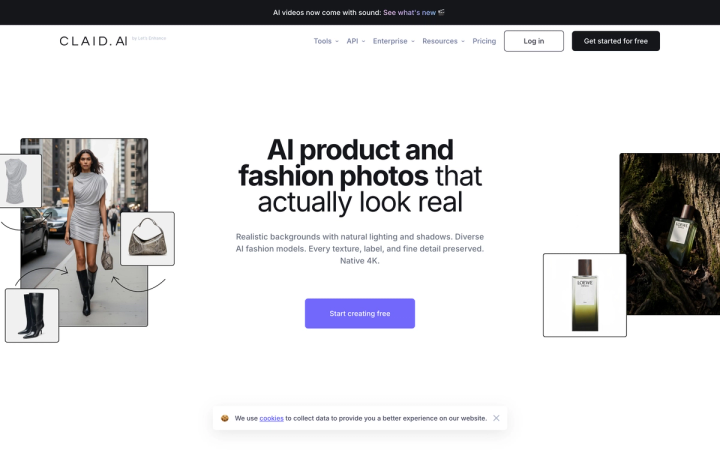 The Claid.ai homepage showing AI product and fashion photography examples