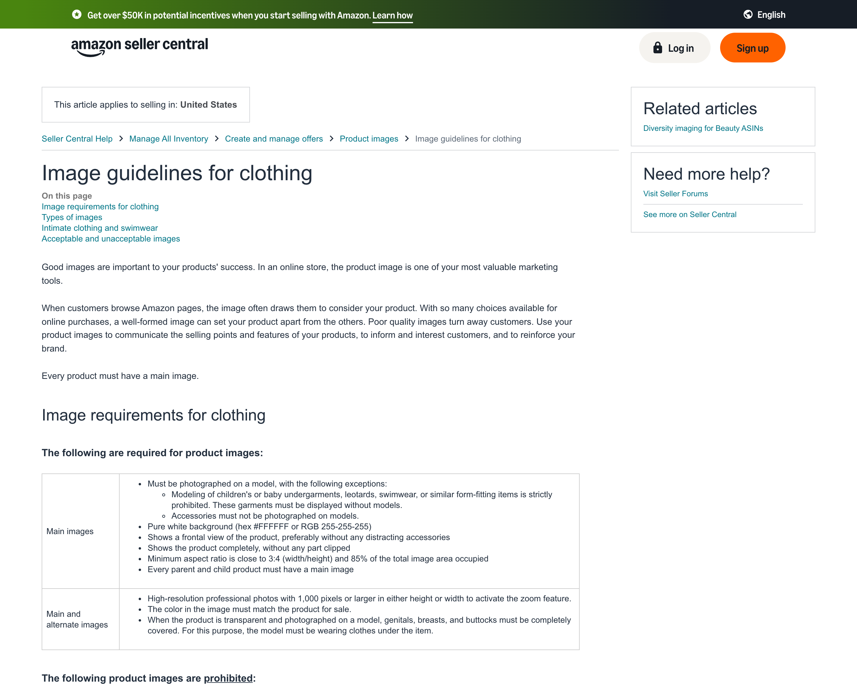 Amazon Seller Central's Image guidelines for clothing page, showing the required main image rules