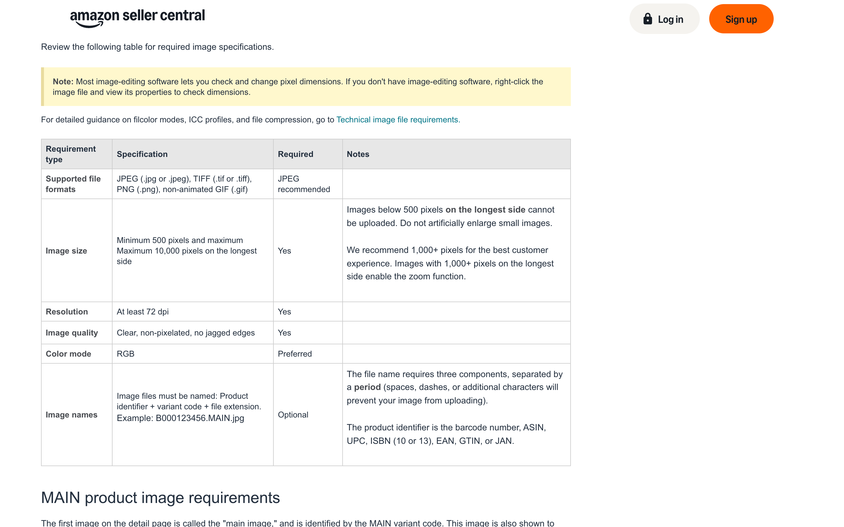 Amazon Seller Central's product image guide showing the specification table with image size, resolution, image quality and colour mode requirements