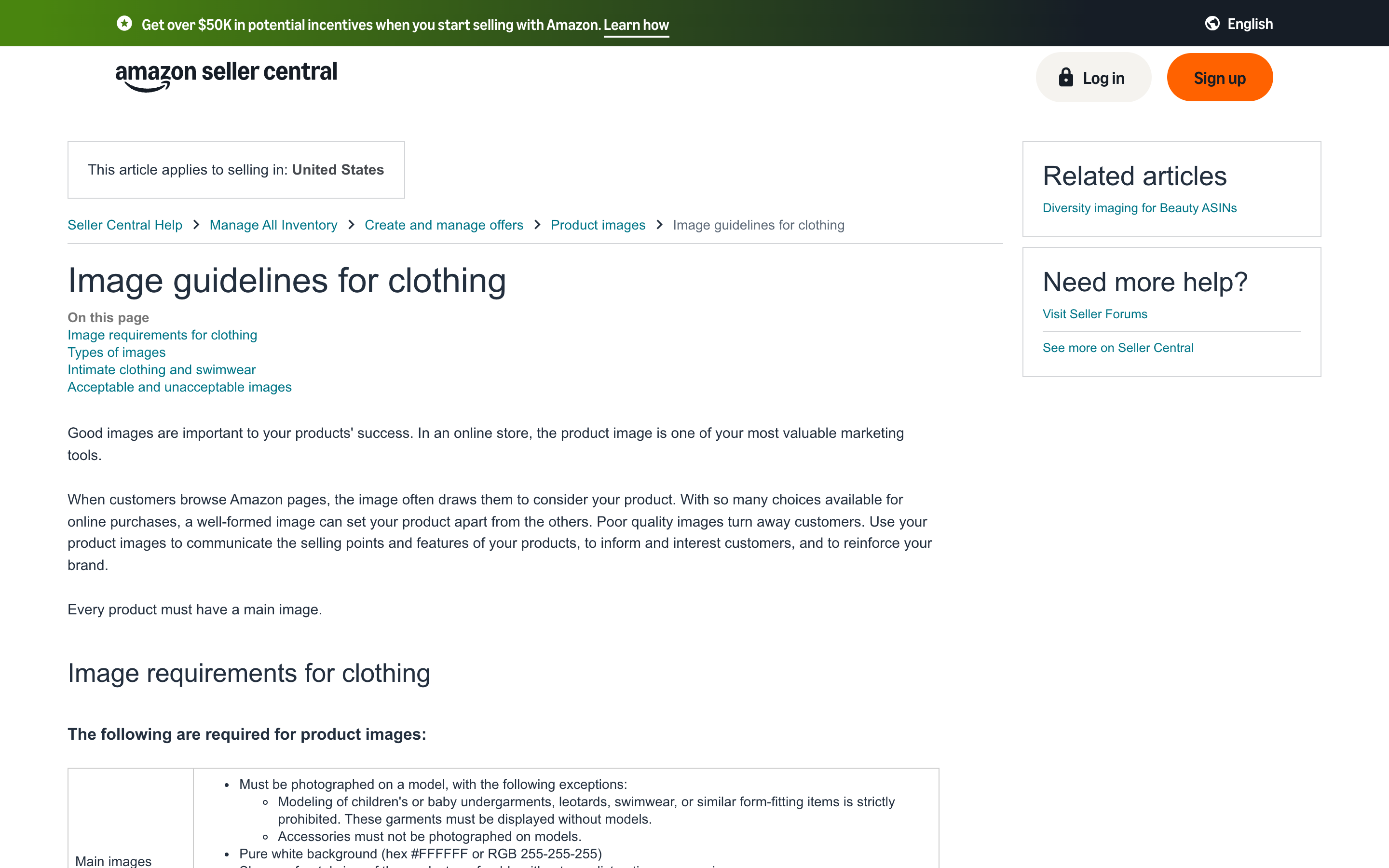 Amazon Seller Central's Image guidelines for clothing page, showing that main images must be photographed on a model with limited exceptions and require a pure white background