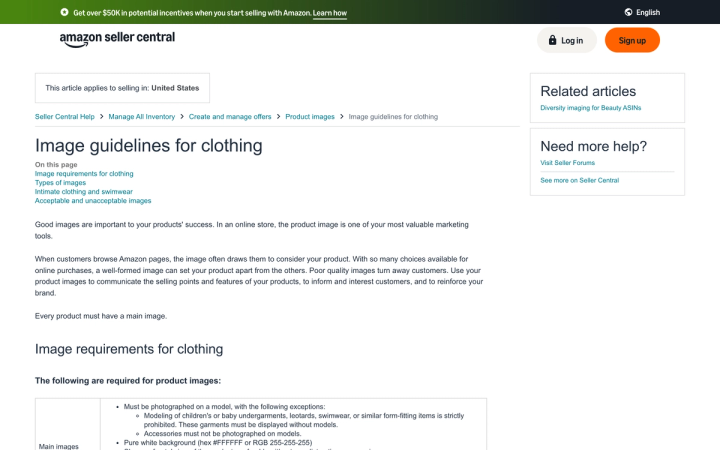 Amazon Seller Central's Image guidelines for clothing page listing the main image requirements for apparel