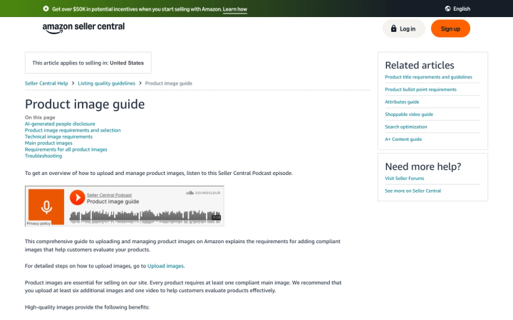 Amazon Seller Central's Product image guide, stating that every product requires one compliant main image and recommending at least six additional images plus a video