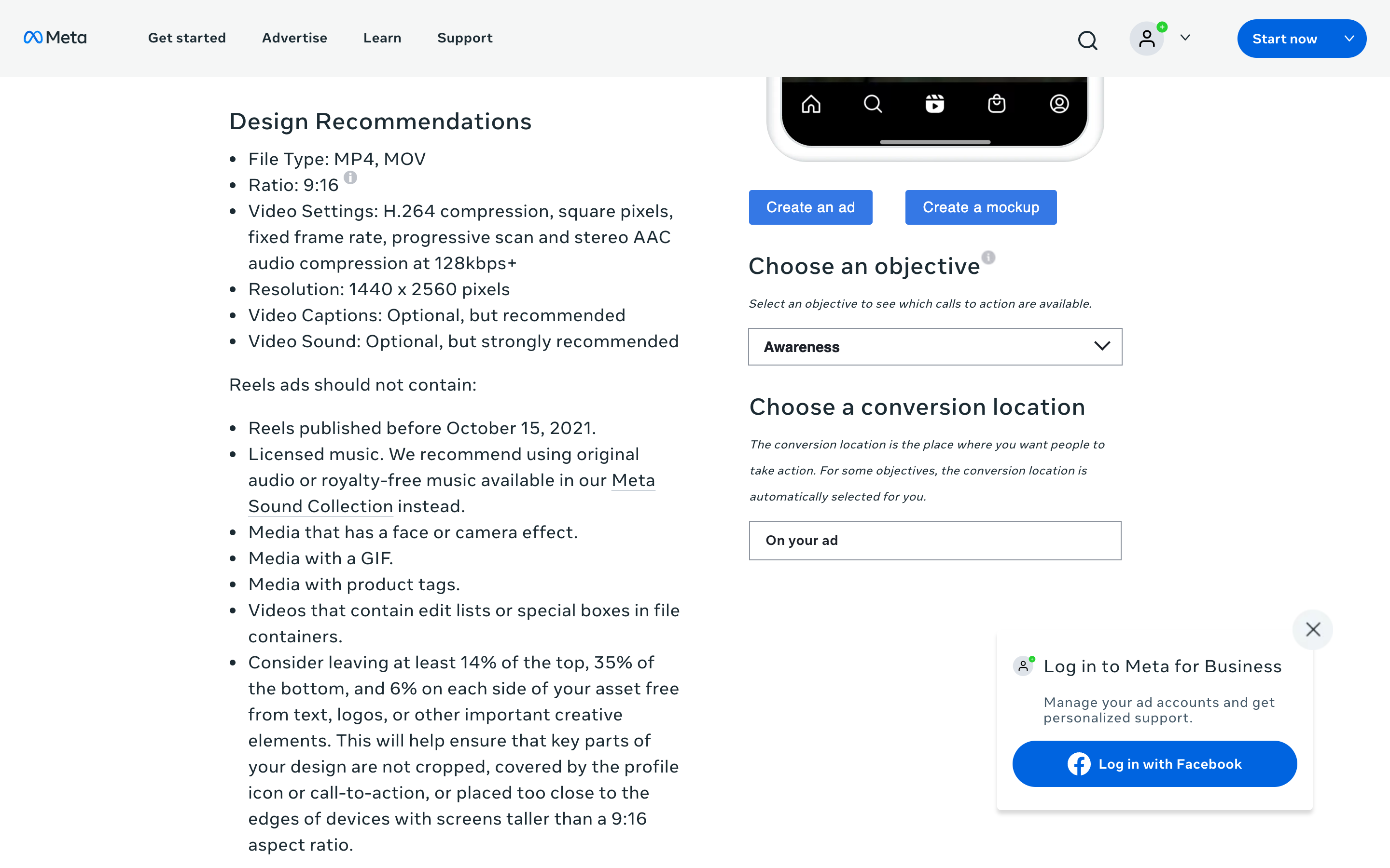 Meta Ads Guide page listing Instagram Reels video design recommendations including 9:16 ratio, 1440 by 2560 resolution and safe zone percentages