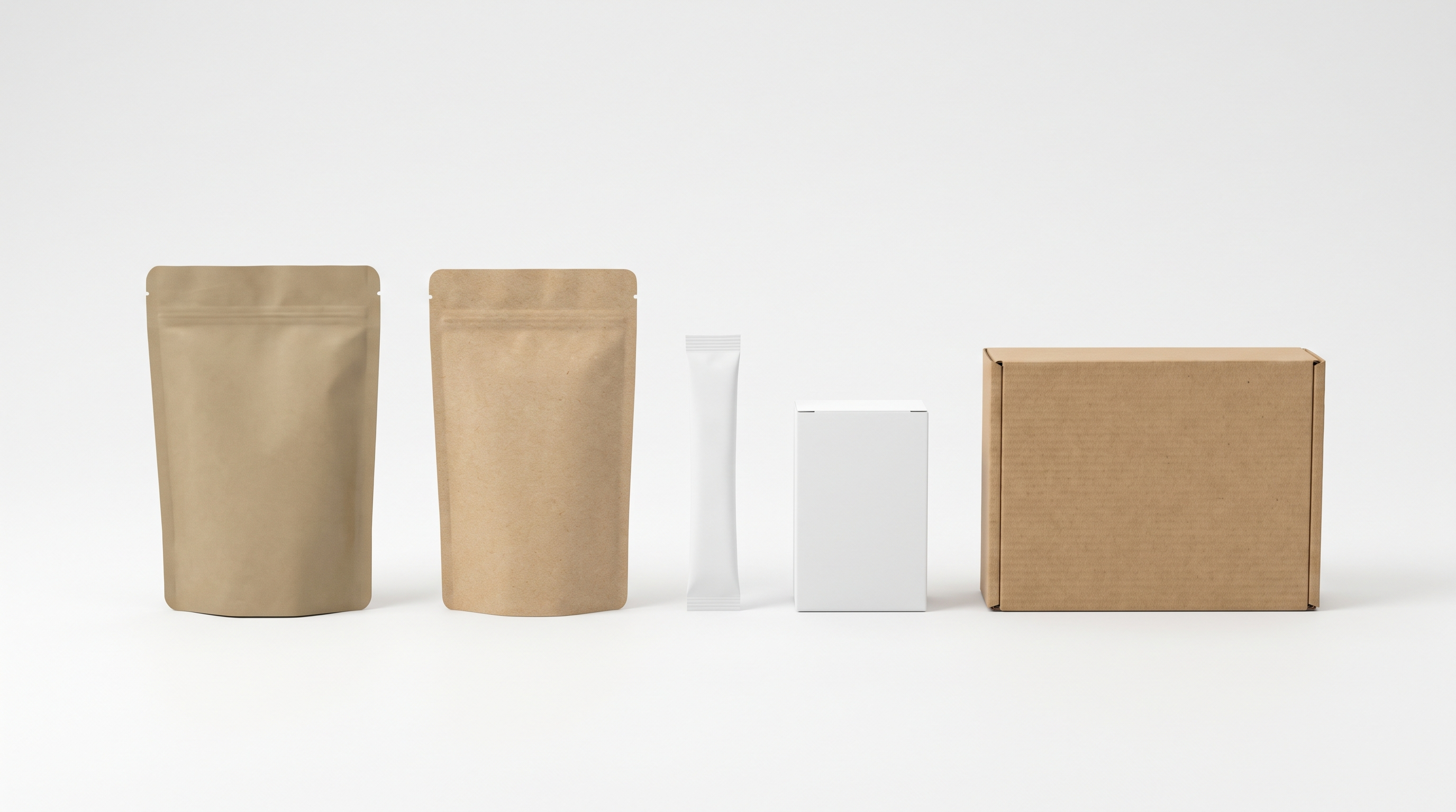 A row of five unbranded packaging formats on a white studio background: two kraft stand-up pouches, a narrow stick pack, a small white folding carton and a corrugated mailer box