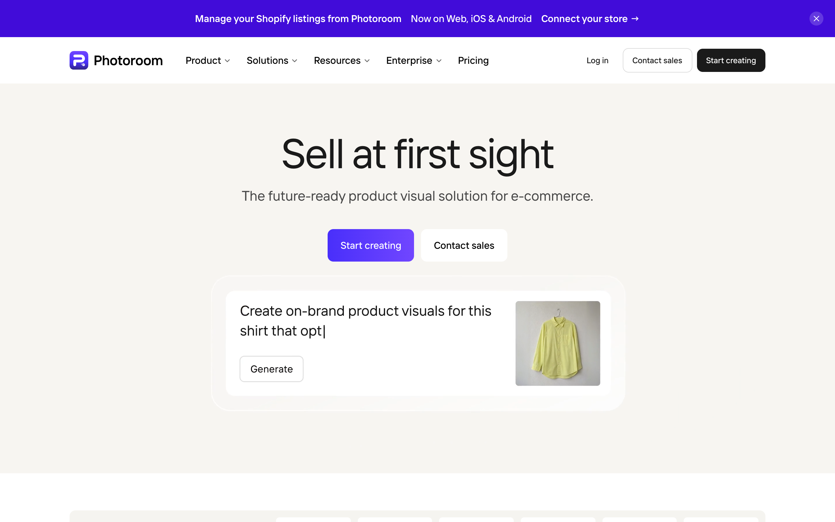 The Photoroom homepage, an AI photo editor and listing studio for product photography