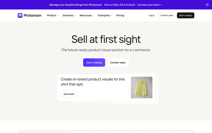 The Photoroom homepage, an AI photo editor and listing studio for product photography