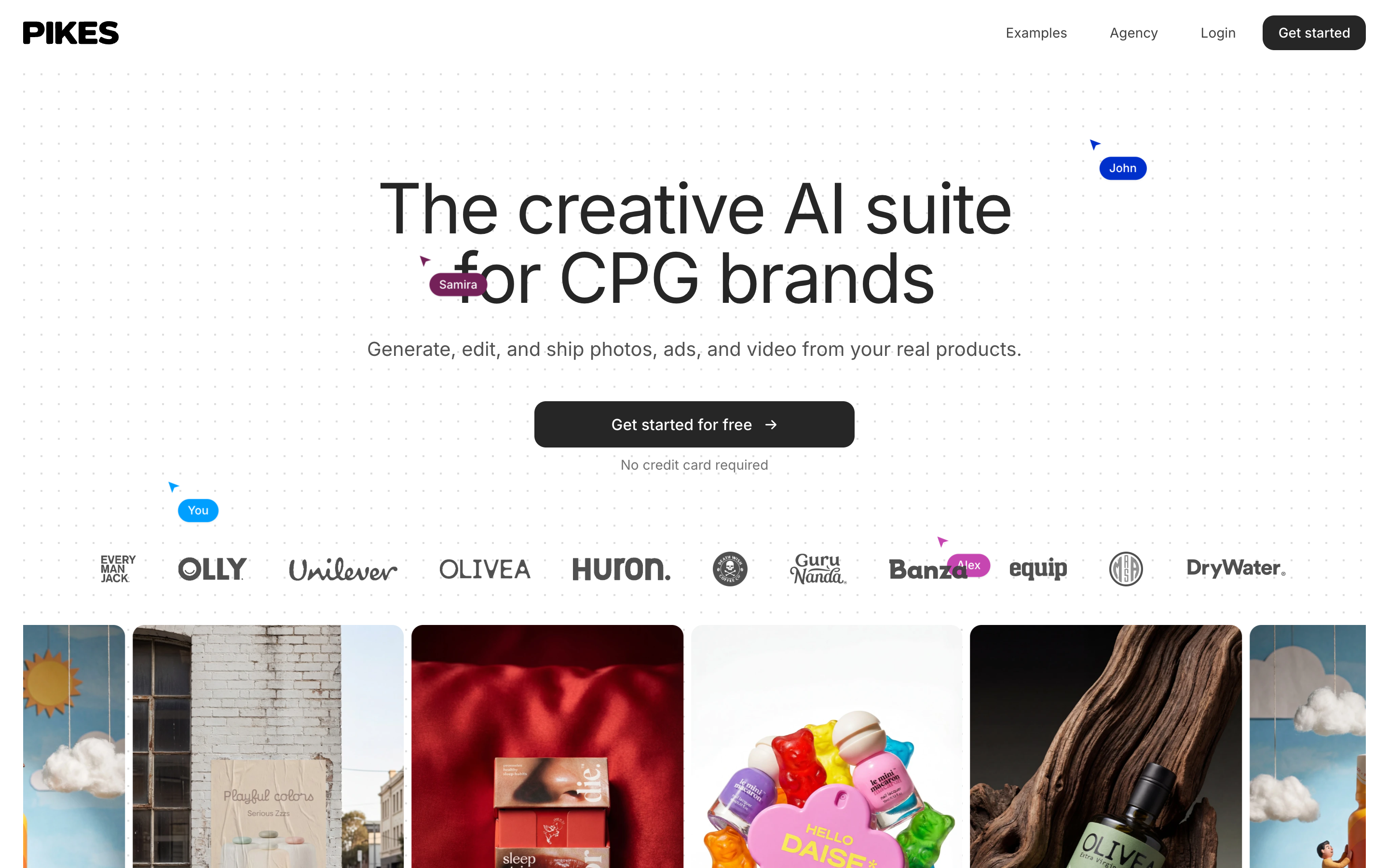 The Pikes AI homepage, showing the headline "The creative AI suite for CPG brands" above a row of consumer brand logos