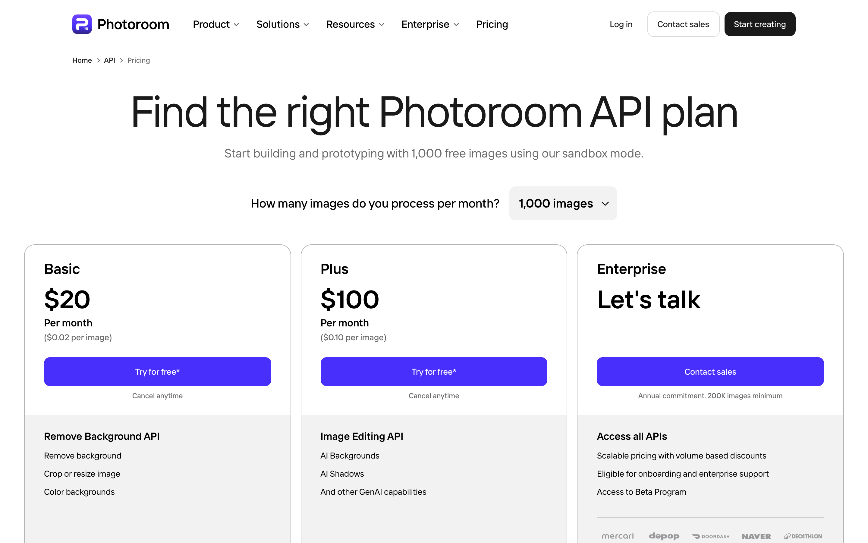 Photoroom's API pricing page showing the Basic and Plus plans side by side with a per-image rate under each