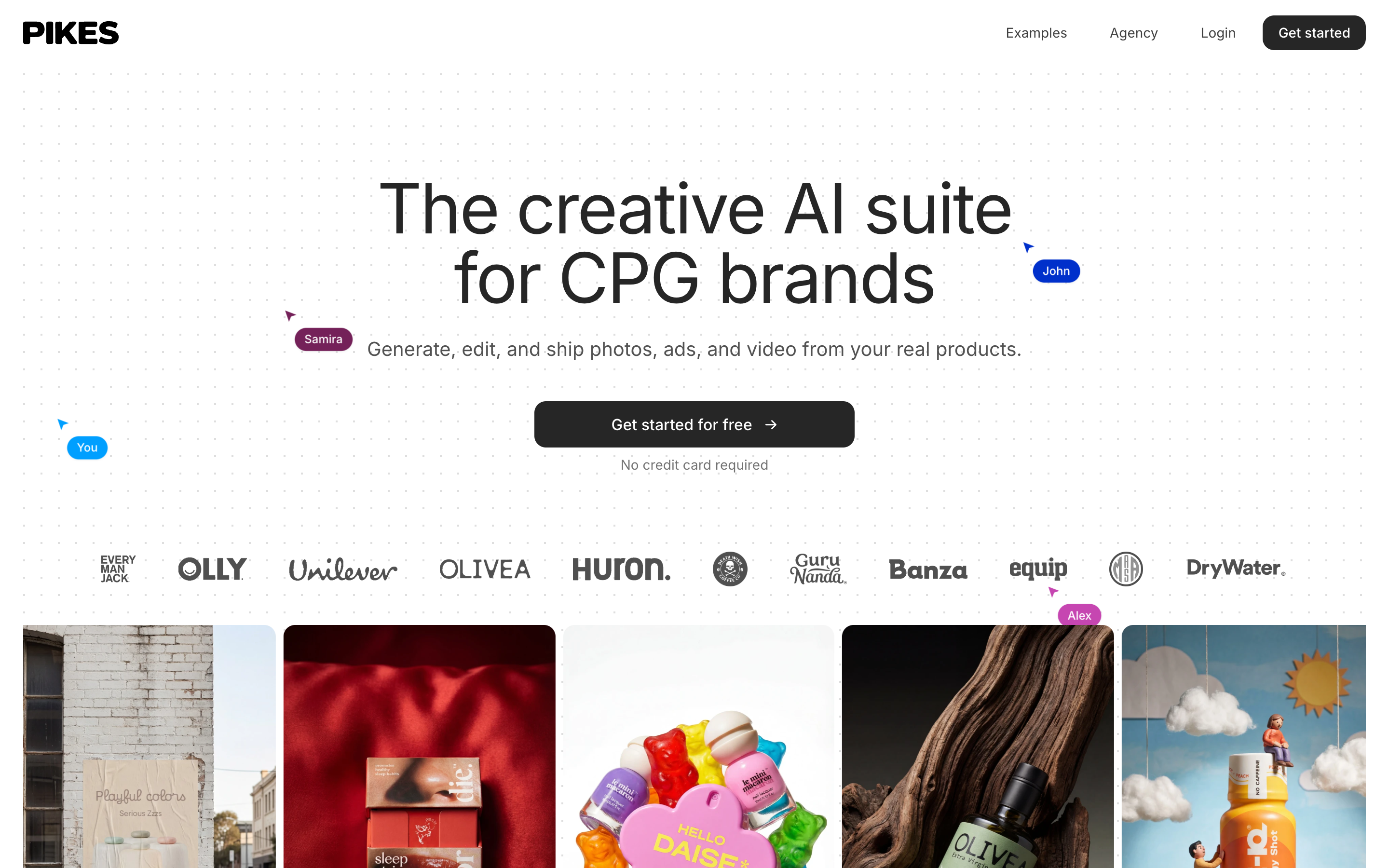 The Pikes AI homepage, showing AI-generated product photography and ad creative for consumer brands