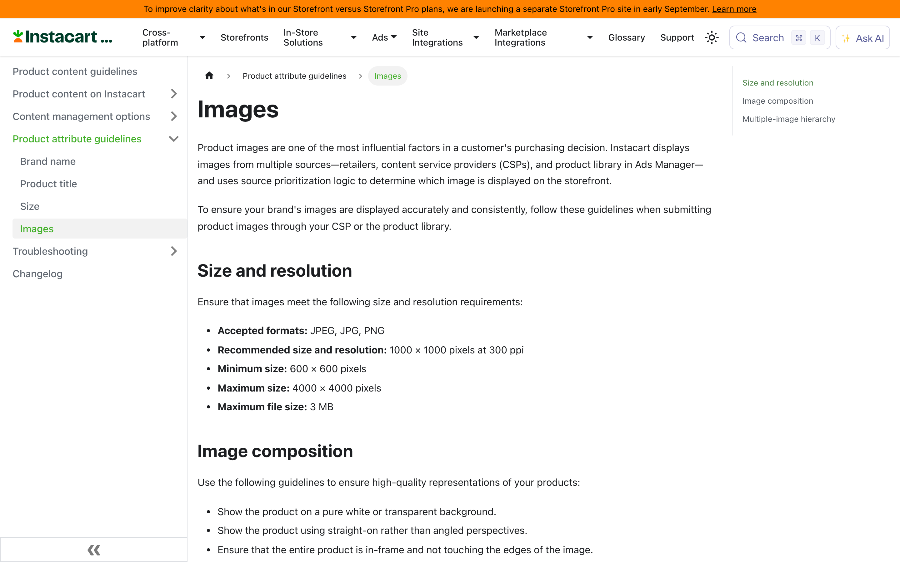 Instacart's ads product content guidelines page listing accepted formats, size and resolution requirements, and image composition rules