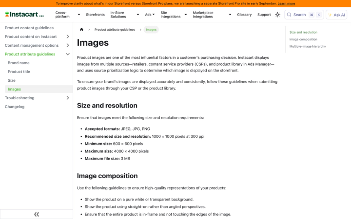 Instacart's ads product content guidelines page listing accepted formats, size and resolution requirements, and image composition rules
