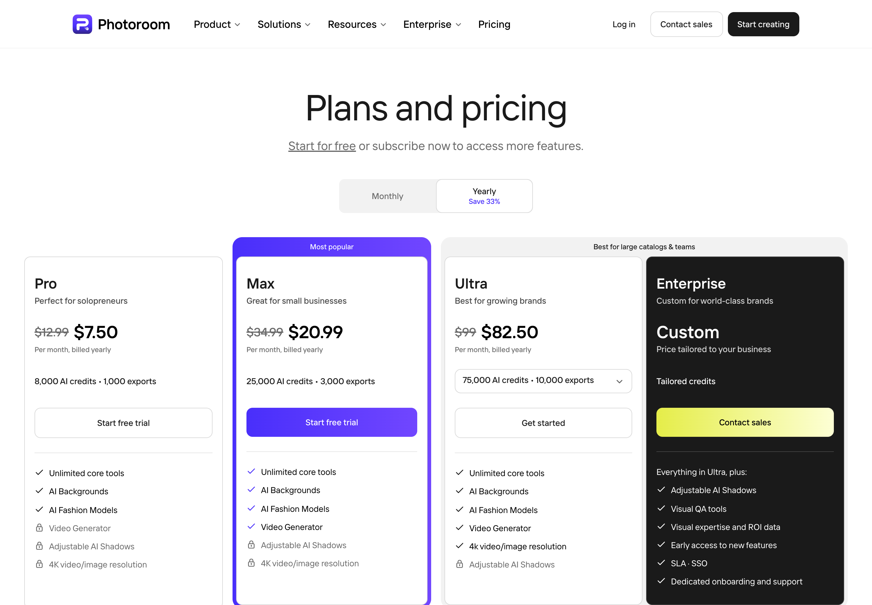 The Photoroom pricing page with the Yearly toggle selected and a Save 33% badge