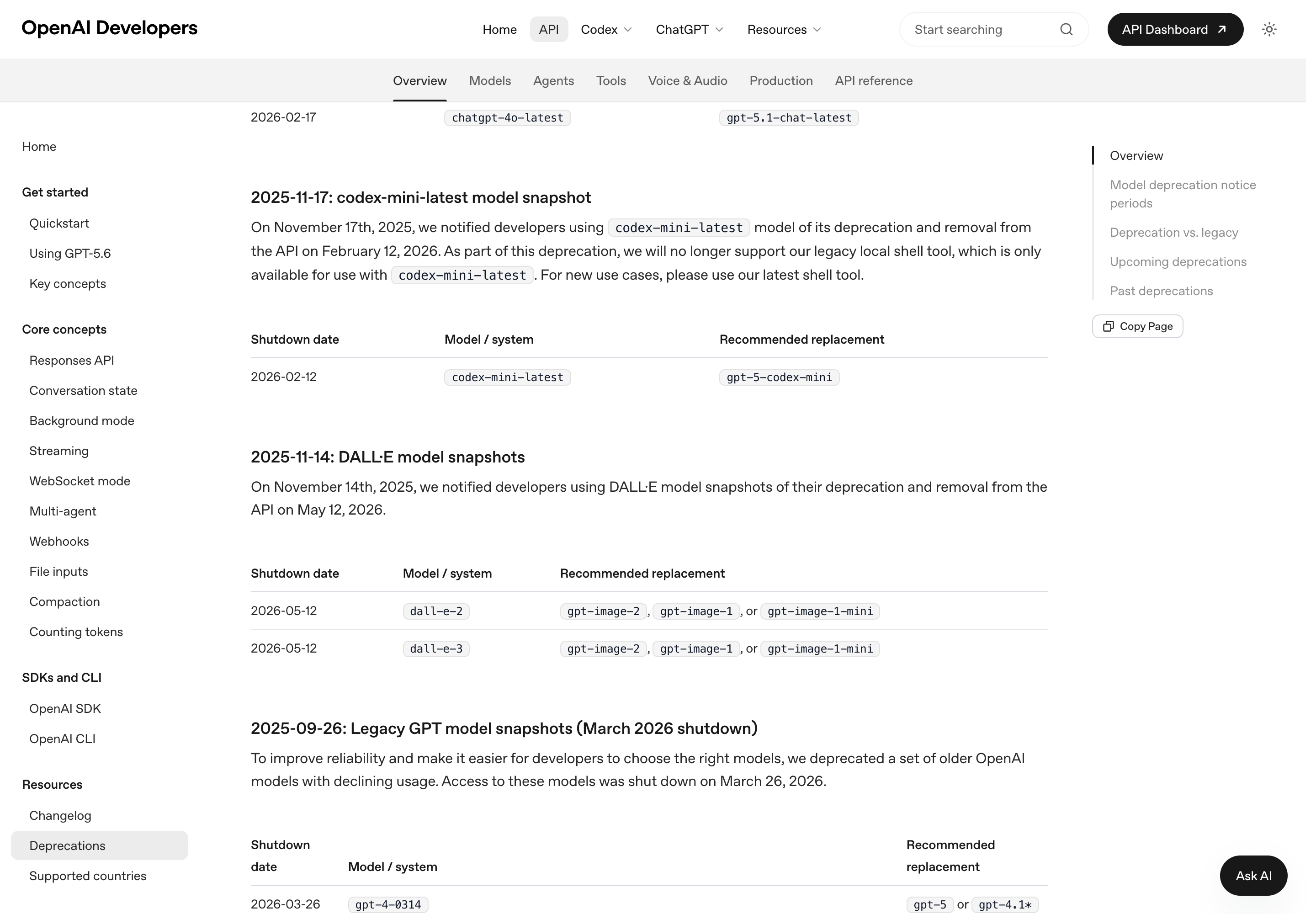 OpenAI's deprecations page showing dall-e-2 and dall-e-3 with a 2026-05-12 shutdown date and gpt-image-2 listed as the replacement