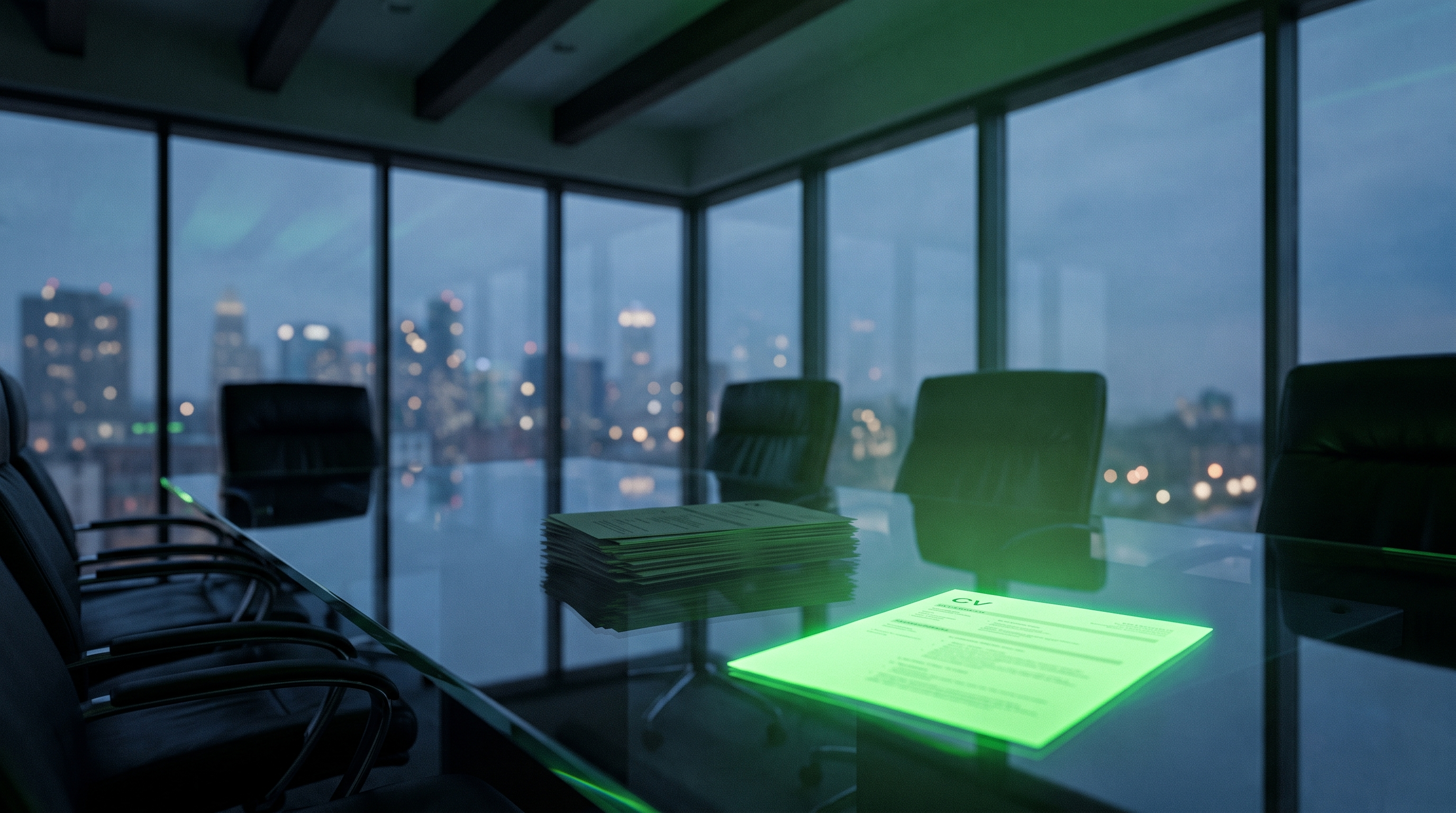 A pile of CVs on a glass boardroom table at night, one set apart and glowing green from underneath