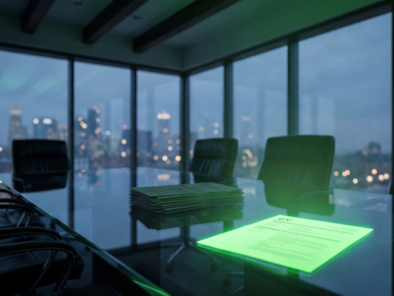 A pile of CVs on a glass boardroom table at night, one set apart and glowing green from underneath