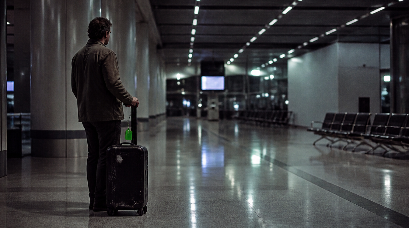 A businessman standing alone in an airport terminal