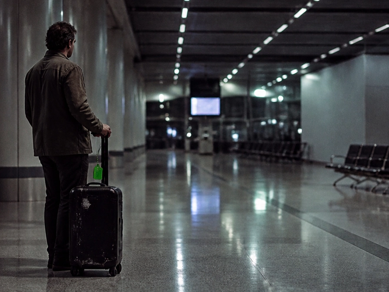 A businessman standing alone in an airport terminal