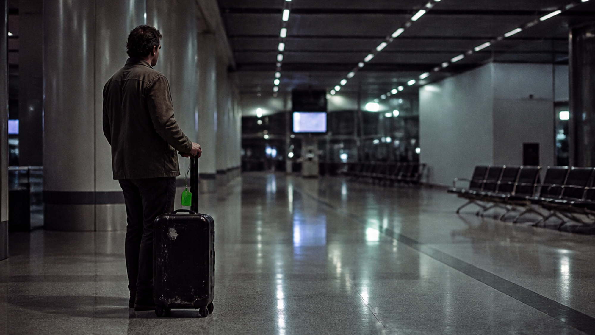A businessman standing alone in an airport terminal