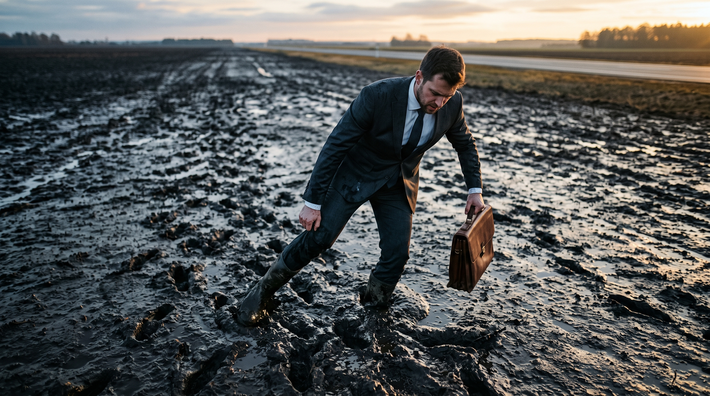 A business person stuck in the mud