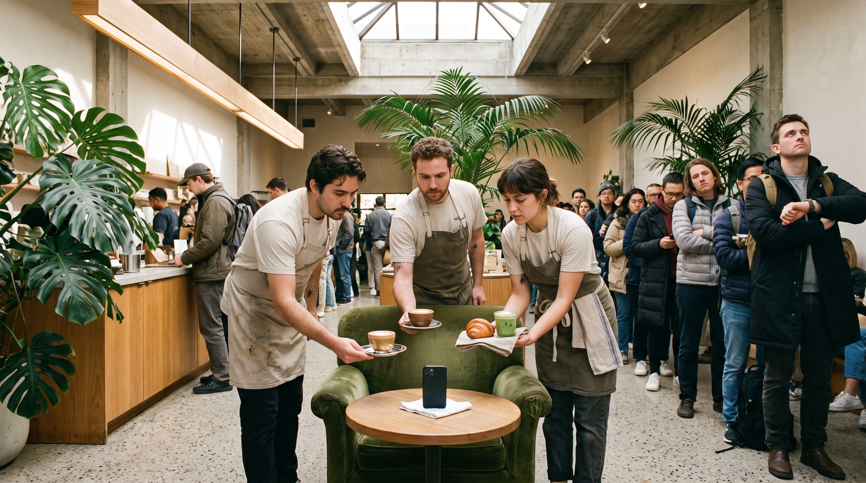 3 waiters standing and serving a phone, highlighting that customers are not always human anymore.