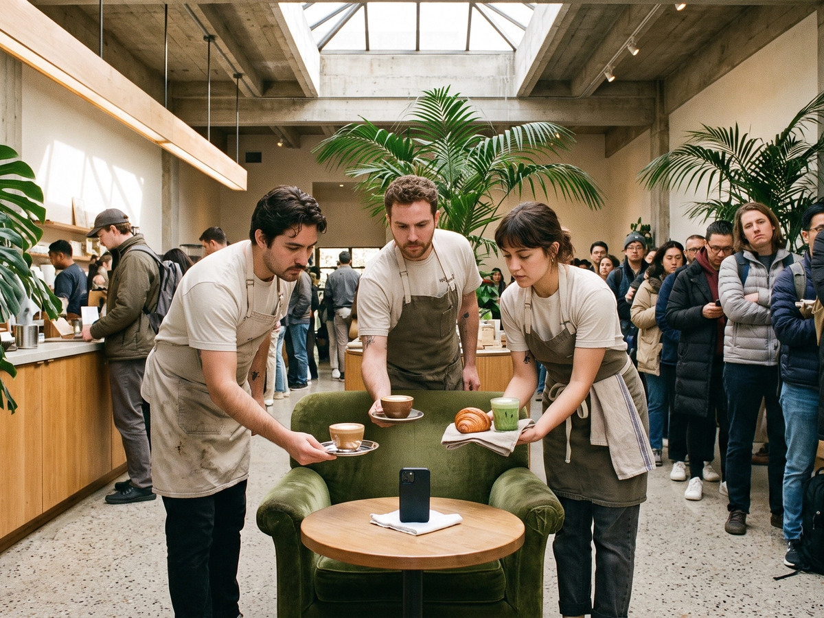 3 waiters standing and serving a phone, highlighting that customers are not always human anymore.