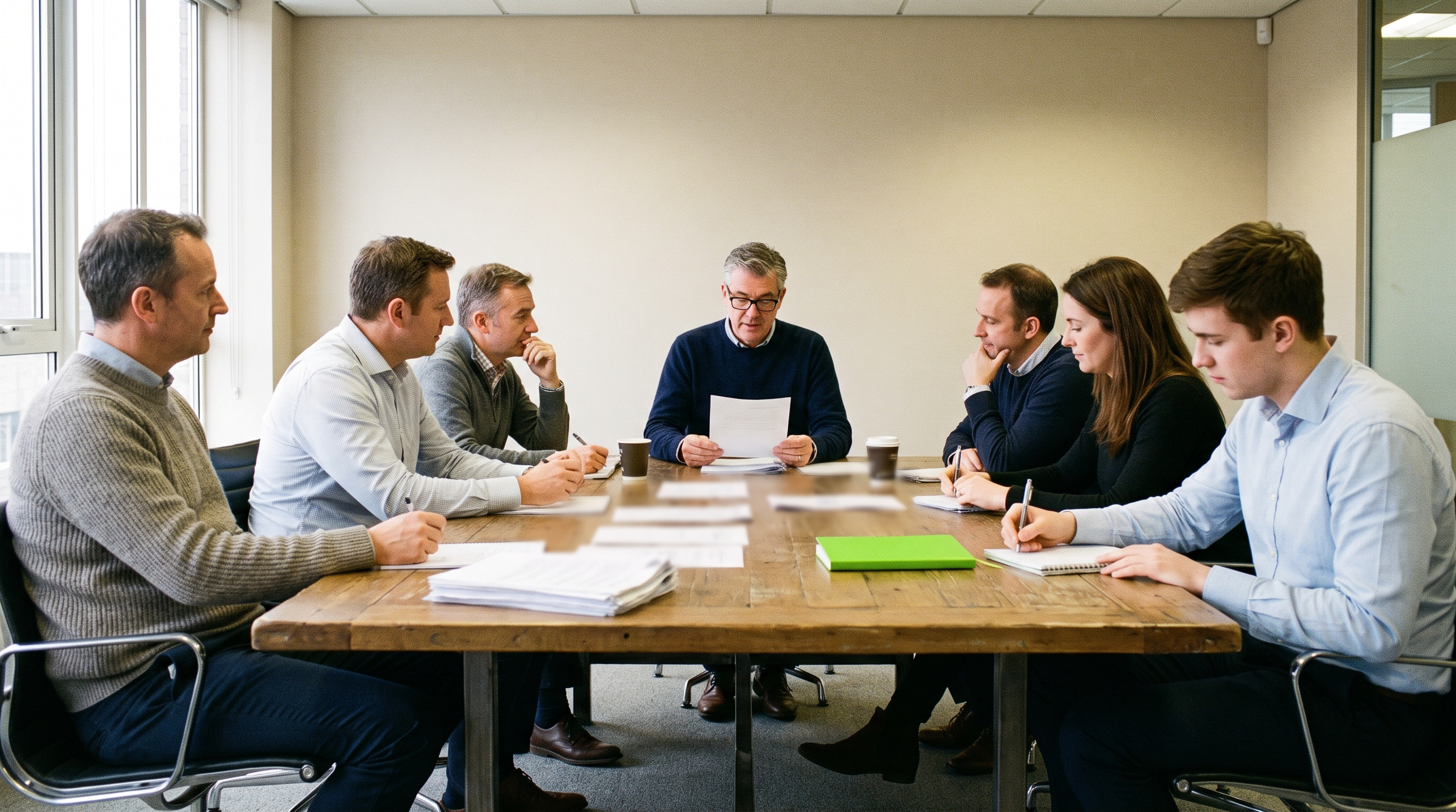 An advisory board of seven people in smart casual clothes around a boardroom table, with the chair reading aloud from a printed board pack while the others listen and take notes.