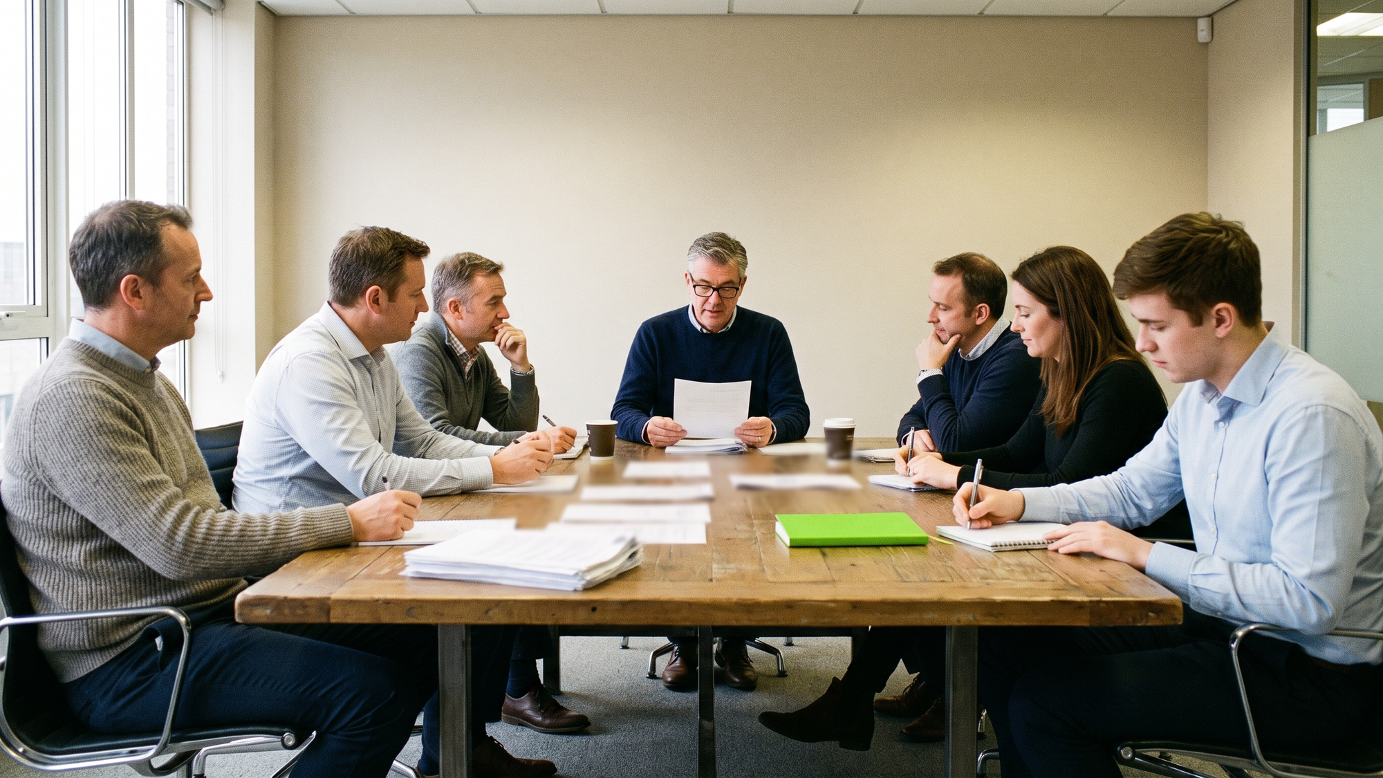 An advisory board of seven people in smart casual clothes around a boardroom table, with the chair reading aloud from a printed board pack while the others listen and take notes.