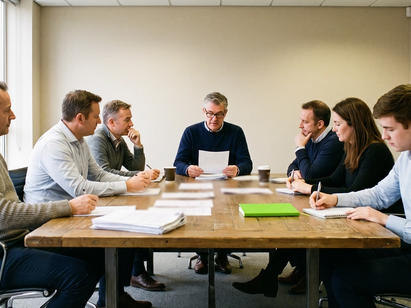 An advisory board of seven people in smart casual clothes around a boardroom table, with the chair reading aloud from a printed board pack while the others listen and take notes.