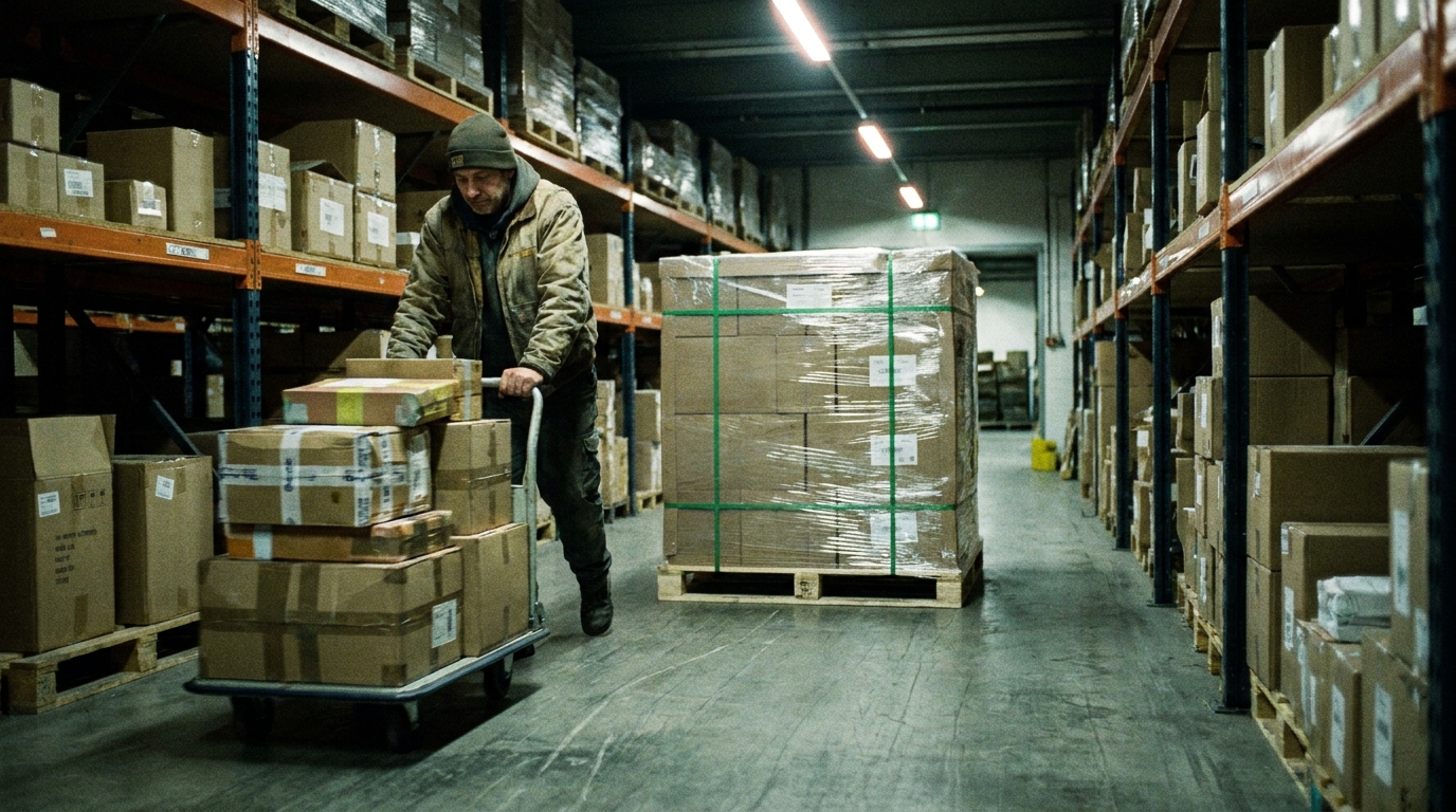 A man pushing a trolley filled with orders in a warehouse