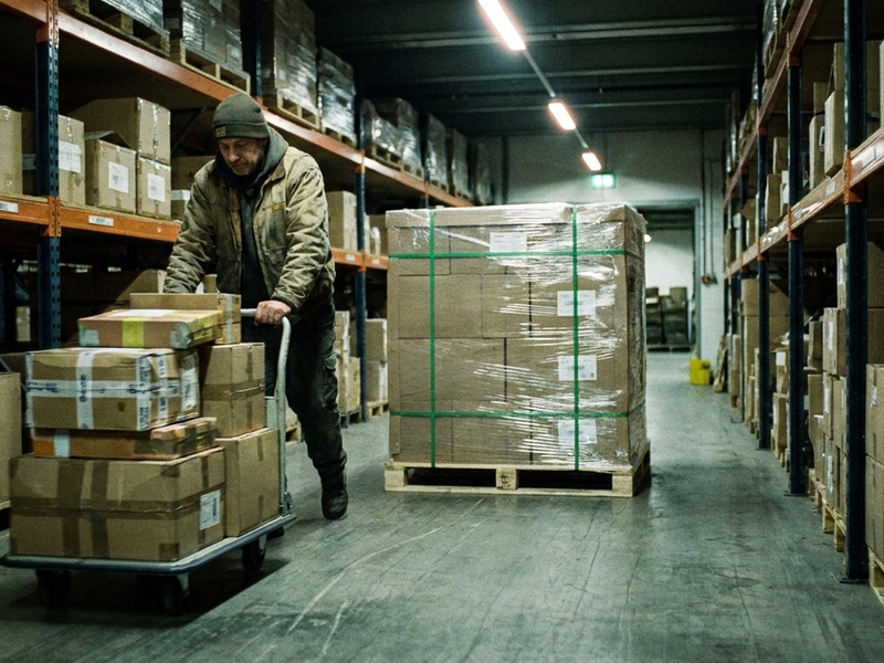 A man pushing a trolley filled with orders in a warehouse