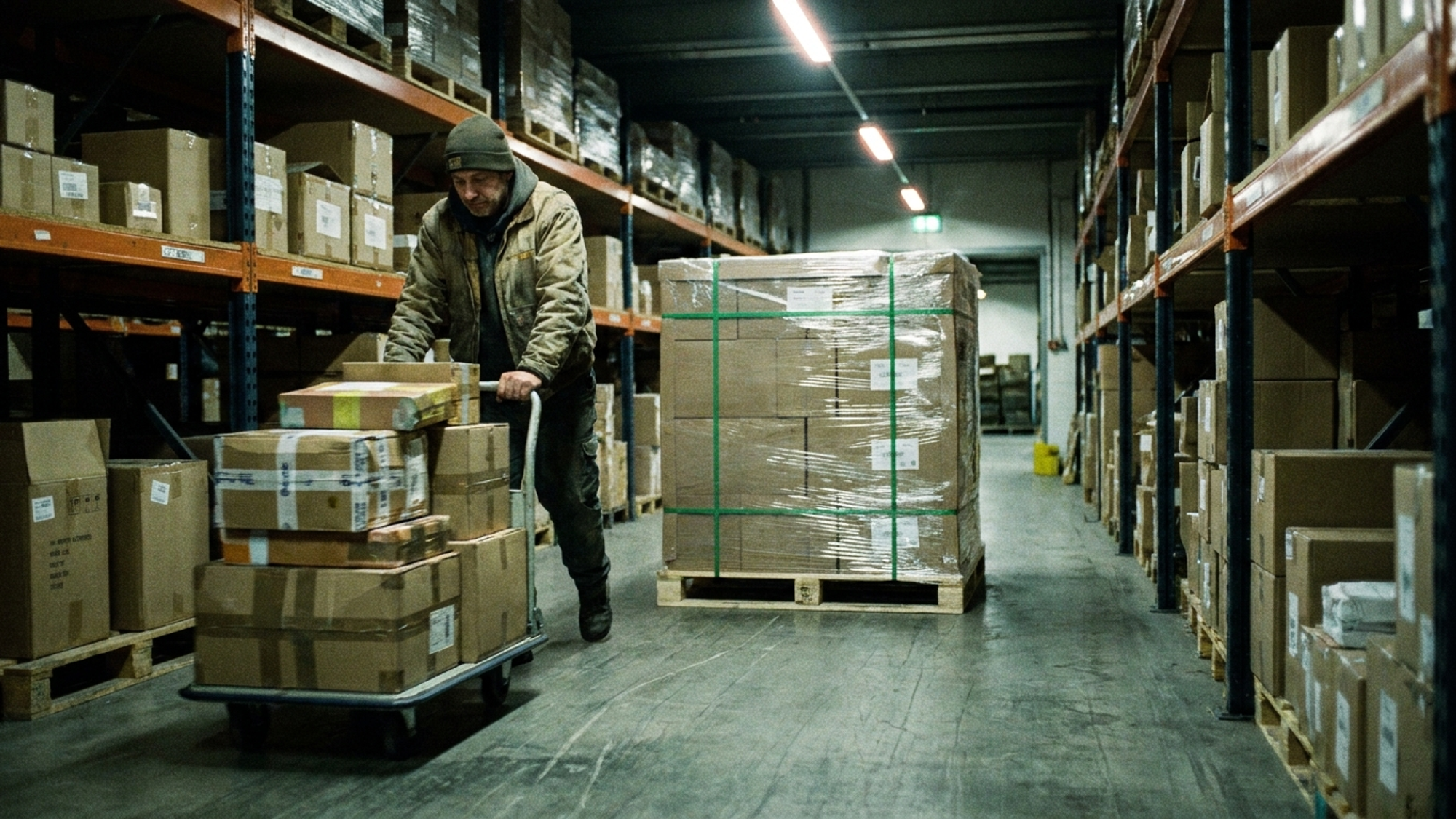 A man pushing a trolley filled with orders in a warehouse