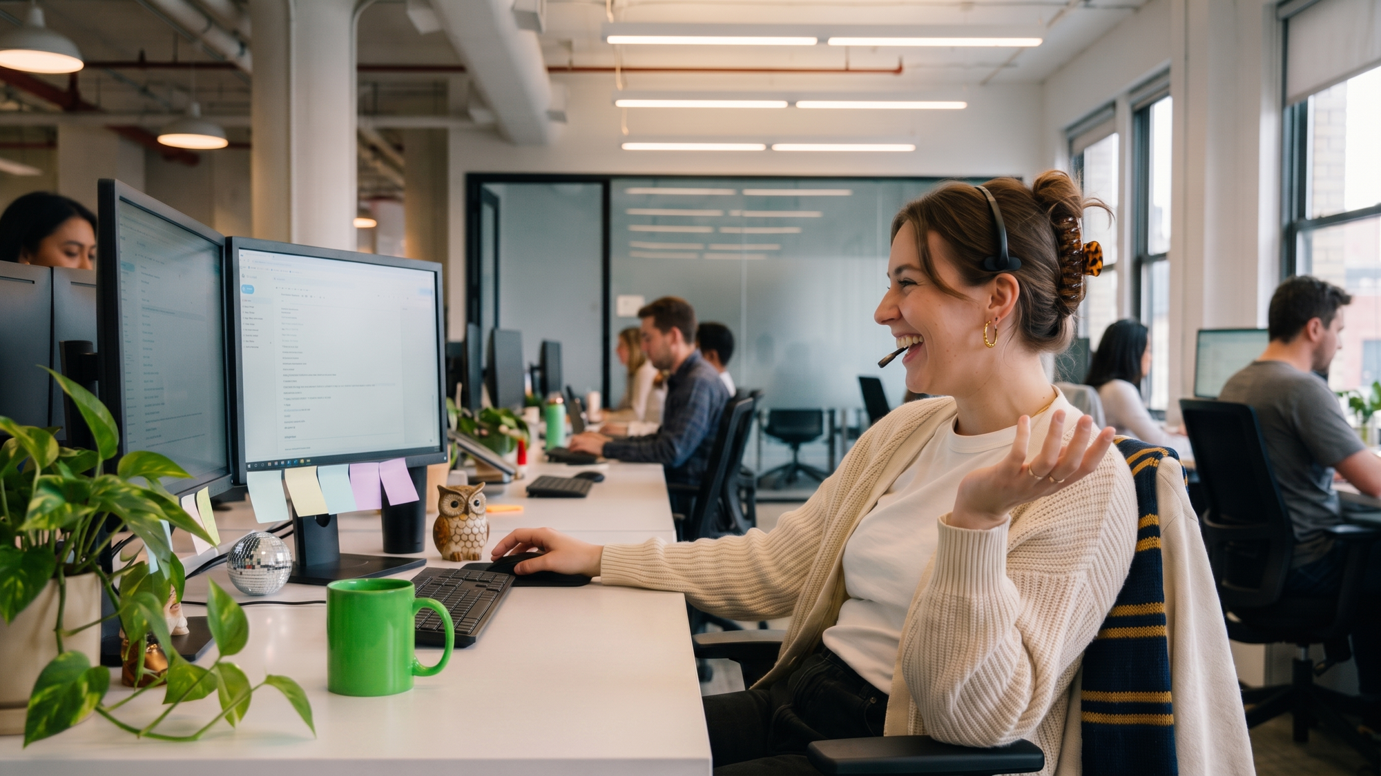A customer service woman happily chatting away on the phone to a client