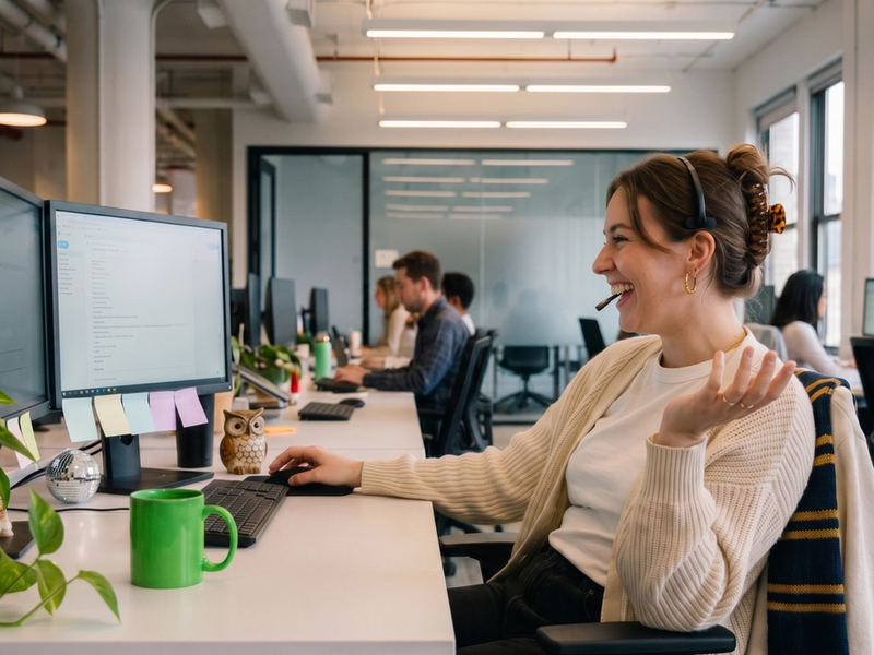 A customer service woman happily chatting away on the phone to a client