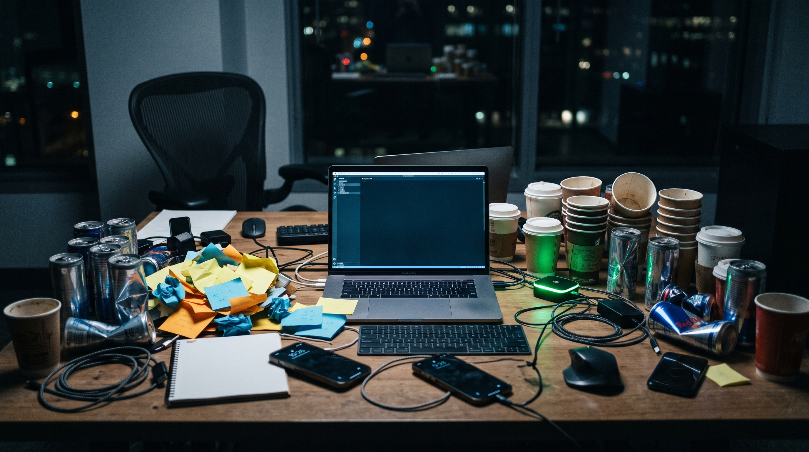 Empty coffee cups and energy drink cans around a laptop
