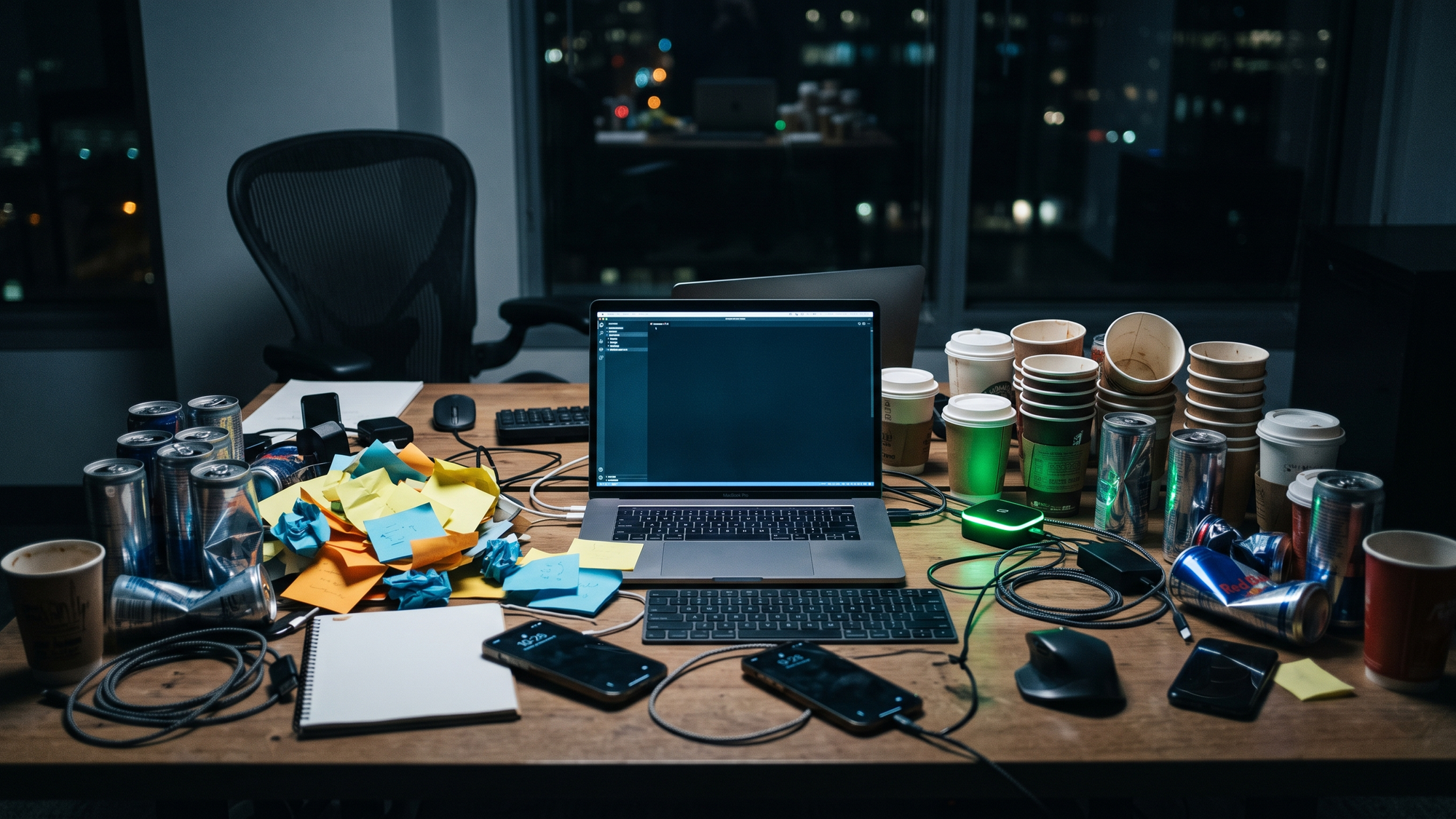 Empty coffee cups and energy drink cans around a laptop
