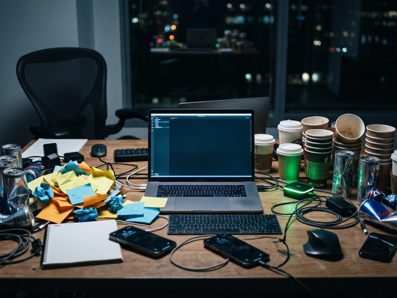 Empty coffee cups and energy drink cans around a laptop