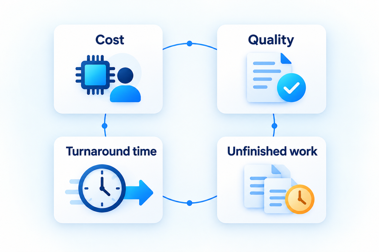 Four connected measurement lenses: cost, quality, turnaround time and unfinished work.