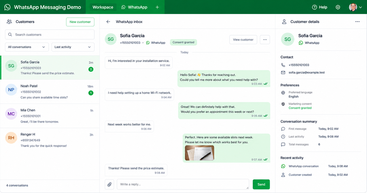 The Yeeflow WhatsApp Messaging Demo workspace showing customers, conversation history, message attachments, reply controls, and customer details.