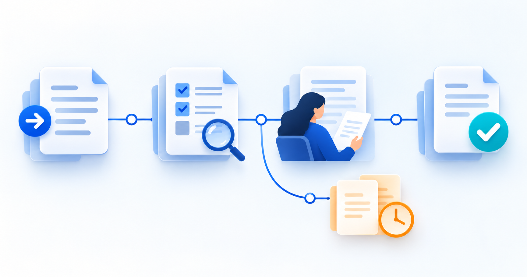 A business request moves through validation and human review to accepted completion, with a separate branch for unresolved work.