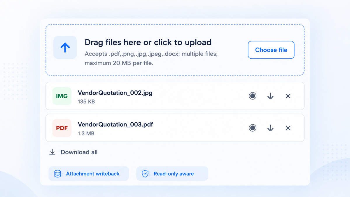 Drag and Drop Attachment Uploader template interface
