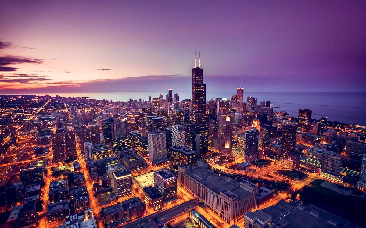 Chicago’s lit-up downtown towers at dusk