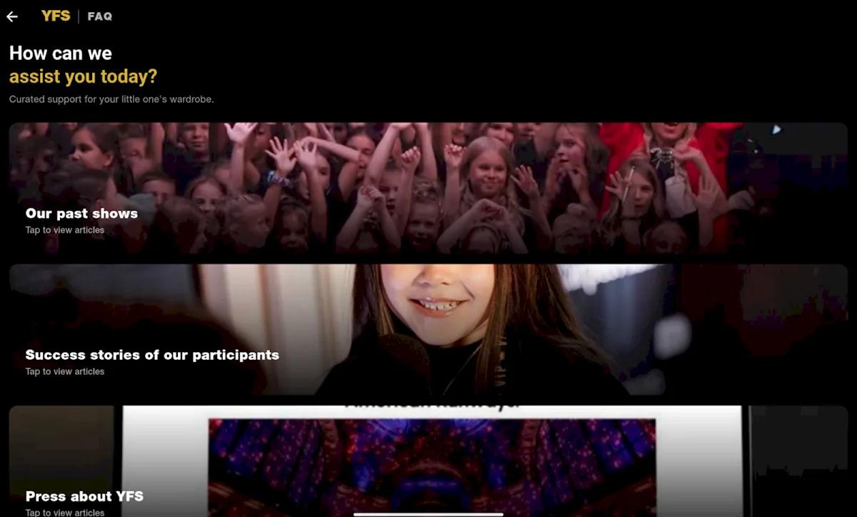 The YFS app on a tablet: past shows, success stories of participants and press about YFS