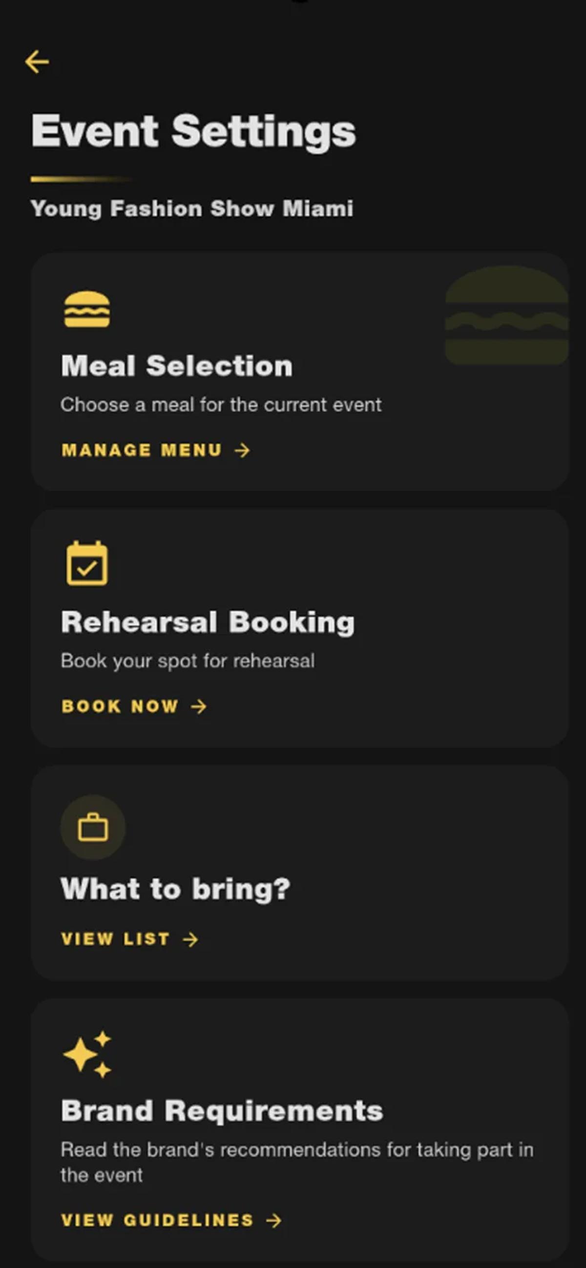 Event Settings in the YFS app: meal selection, rehearsal booking, what to bring and brand requirements