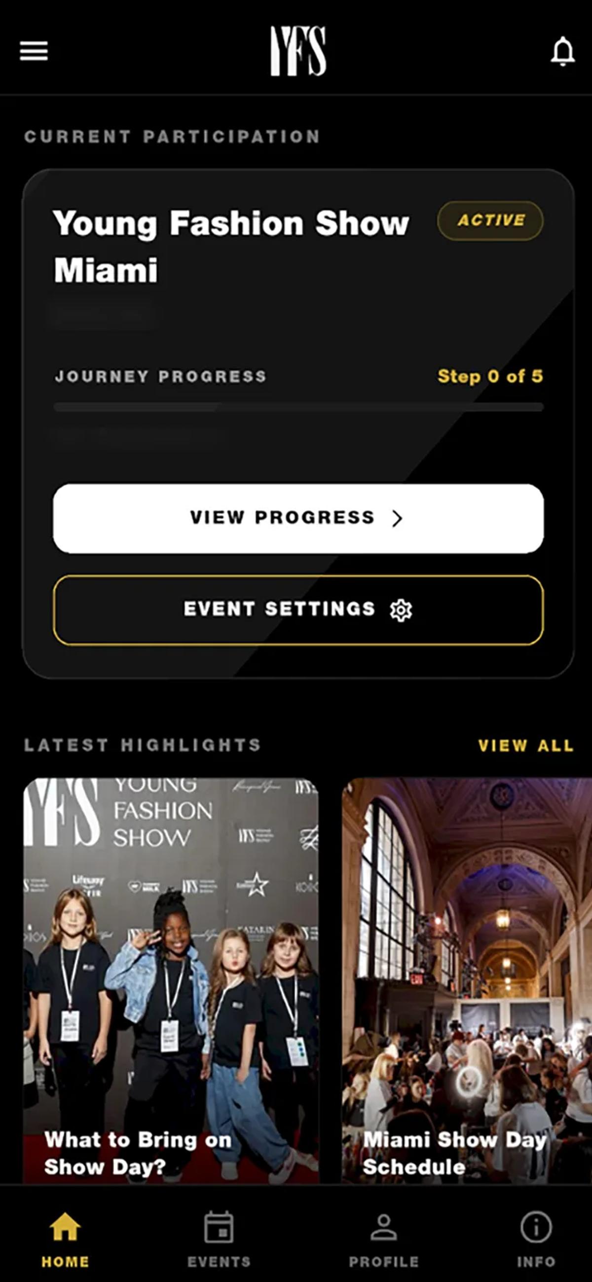 The YFS app home screen showing a current participation with its journey progress, and the latest highlights