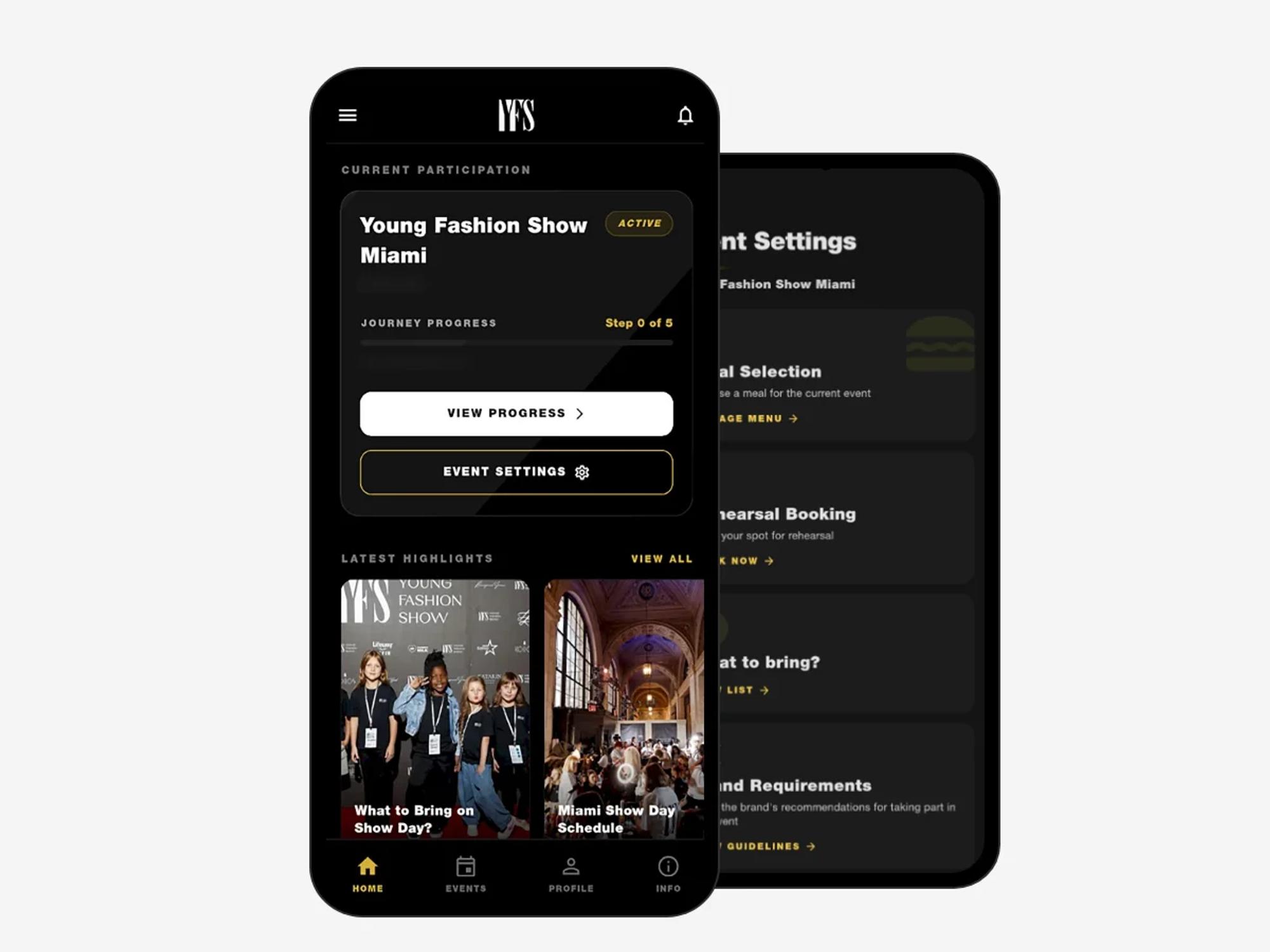 Two phones showing the YFS app: current participation with journey progress, and Event Settings