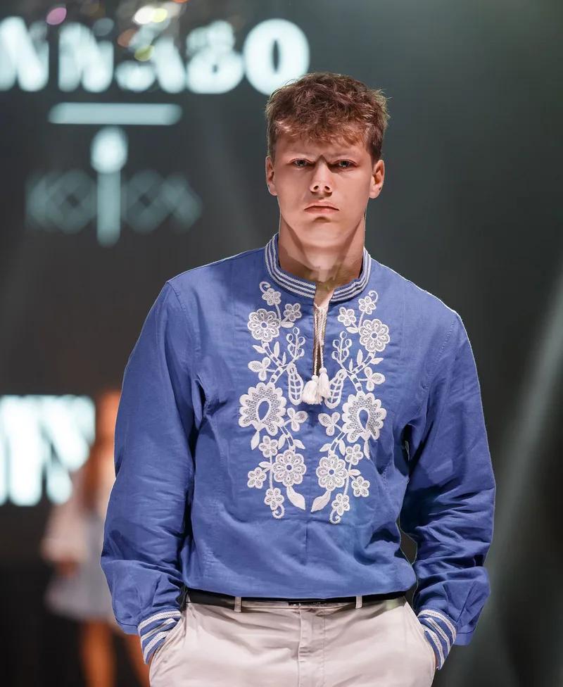 A model in an embroidered ANNABO shirt on the YFS runway
